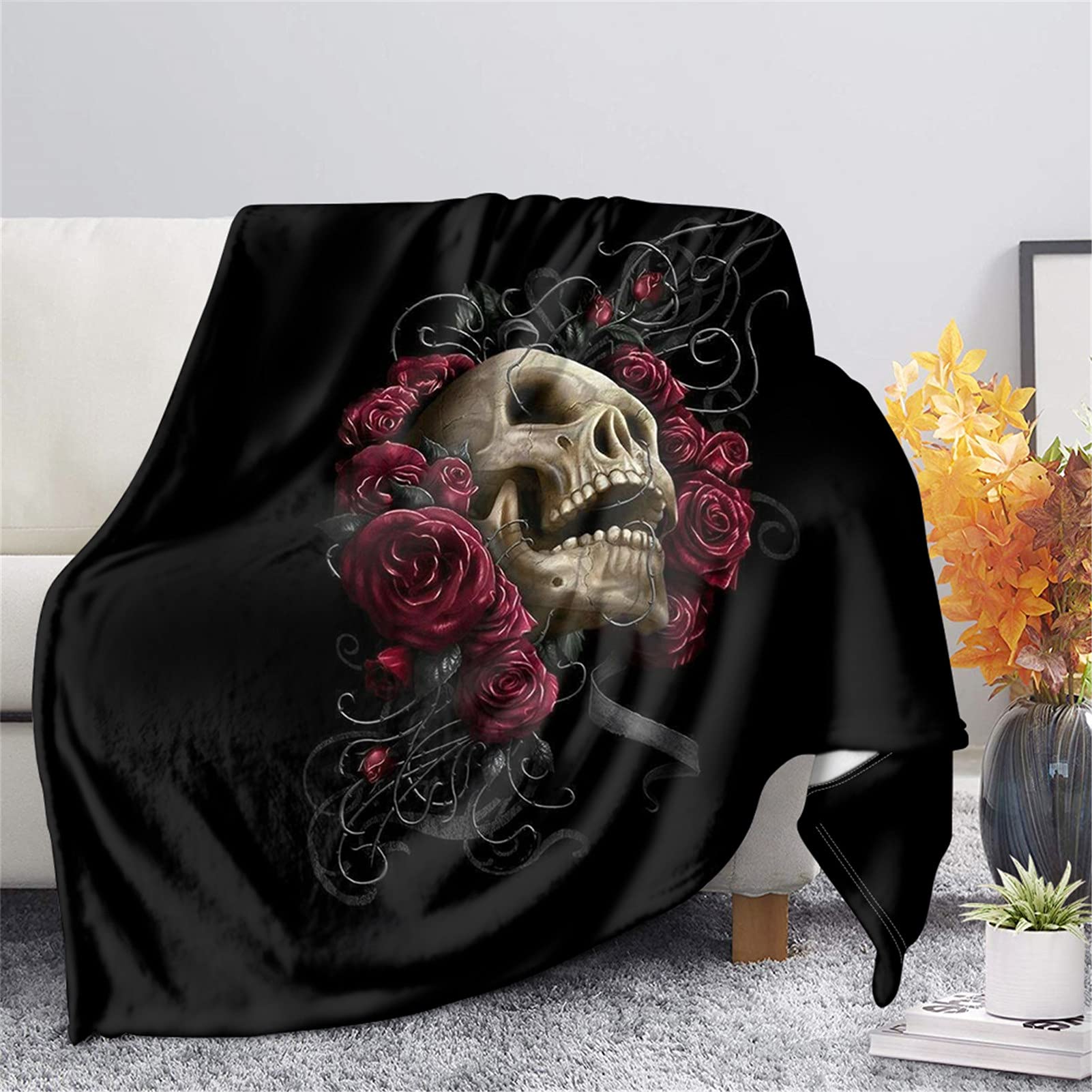 HUGS IDEA Vintage Rose Blanket Halloween Skeleton Pink Rose Gothic Blankets Home Decor Gift for Women Men Thicken Plush Sherpa Throw Blankets Pressure Relief-2XL