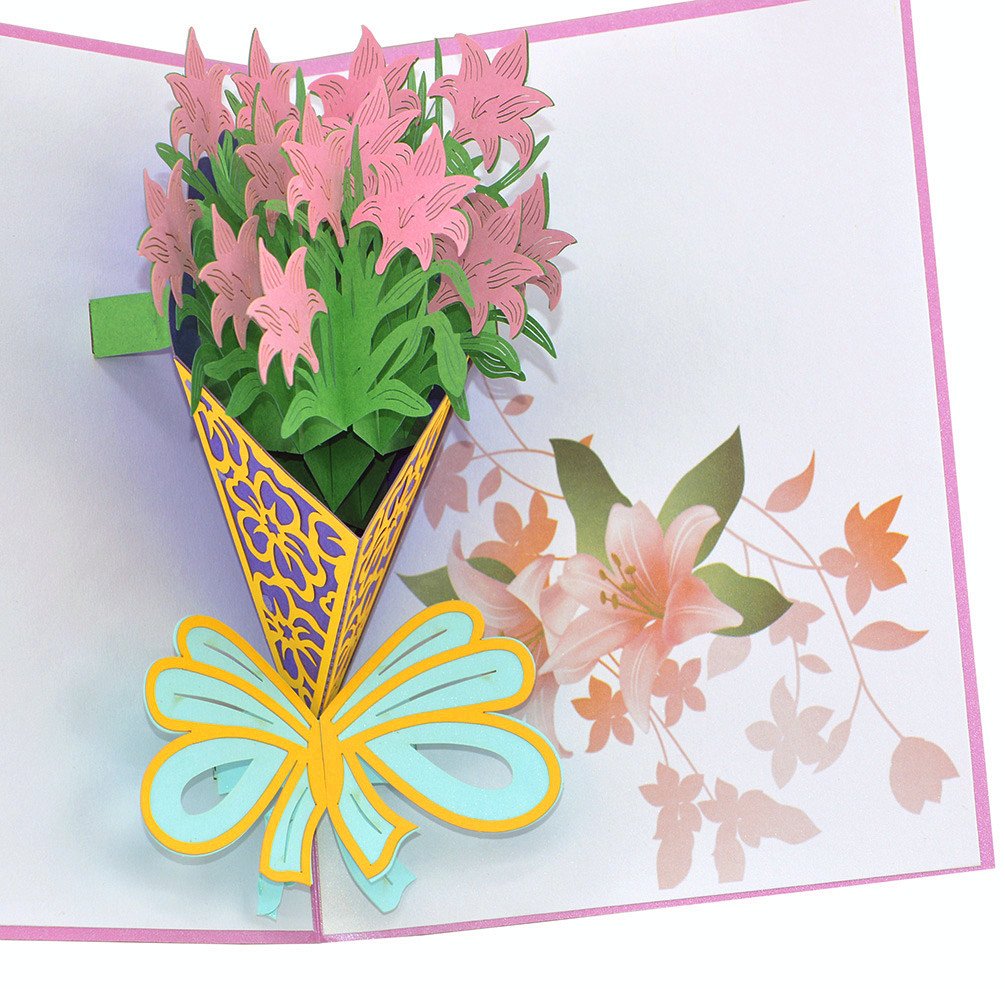 Medigy 3D Pop Up Congratulations Greeting Card A Bouquet of Pink Lilies for Valentines,Lovers,Couple's,Wedding,Dating,Anniversary
