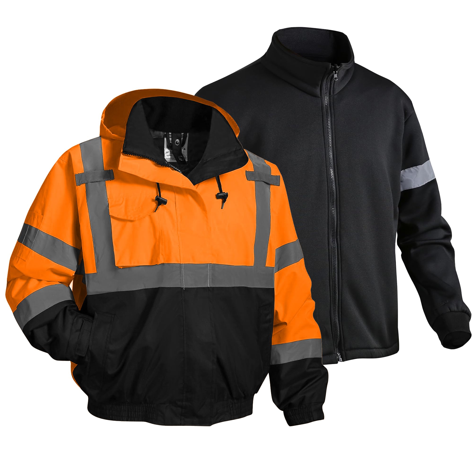 DPSAFETY 3 in 1 Safety jacket,Reflective high Visibility Hooded jacket,Hi Vis Bomber Jacket shell and fleece lining,Waterproof,ANSI Class 3 Black Bottom Orange,5XL Image