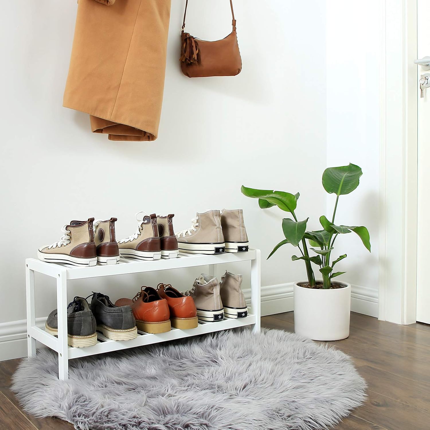 SONGMICS 2 Tier Bamboo Shoe Rack, Shoe Bench, Entryway, Living Room, Bathroom, 70 x 26 x 33 cm, White LBS02WT - Image 3