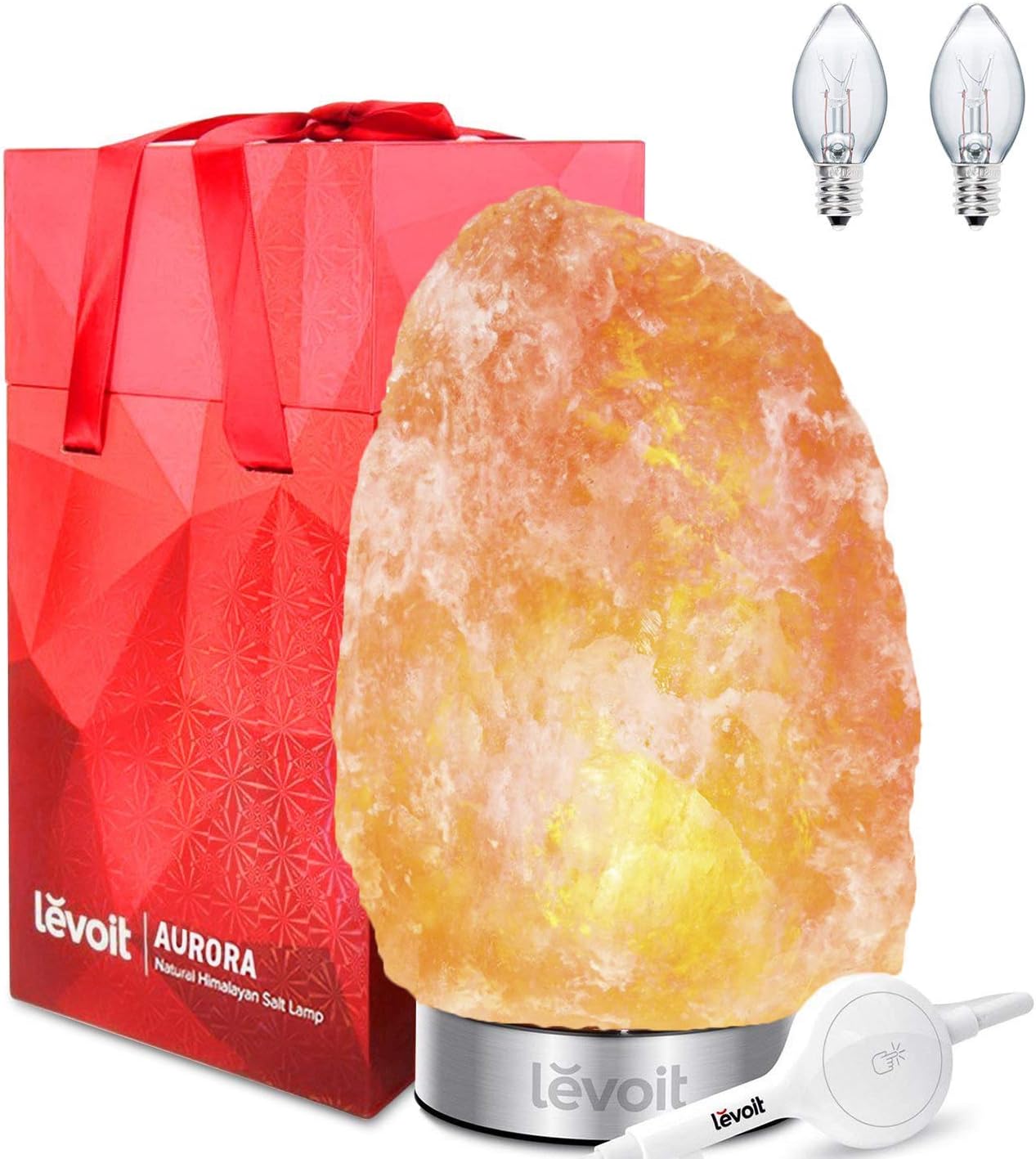 Levoit Aurora Salt Lamp, Himalayan / Hymilain Sea Salt Lamps, Pink Large Salt Rock Lamp, Night Light, 18/8 Stainless Steel Base, Dimmable Touch Switch, Luxury Gift Box (ETL Certified, 2 Extra Bulbs)