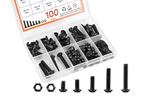 CARLWIN 100pcs M6 Screw Kit, Premium M6 Button Head Socket Cap Screw Assortment with Nuts and Washers, M6 x 10mm /12mm /16mm /20mm /25mm /30mm (Black)