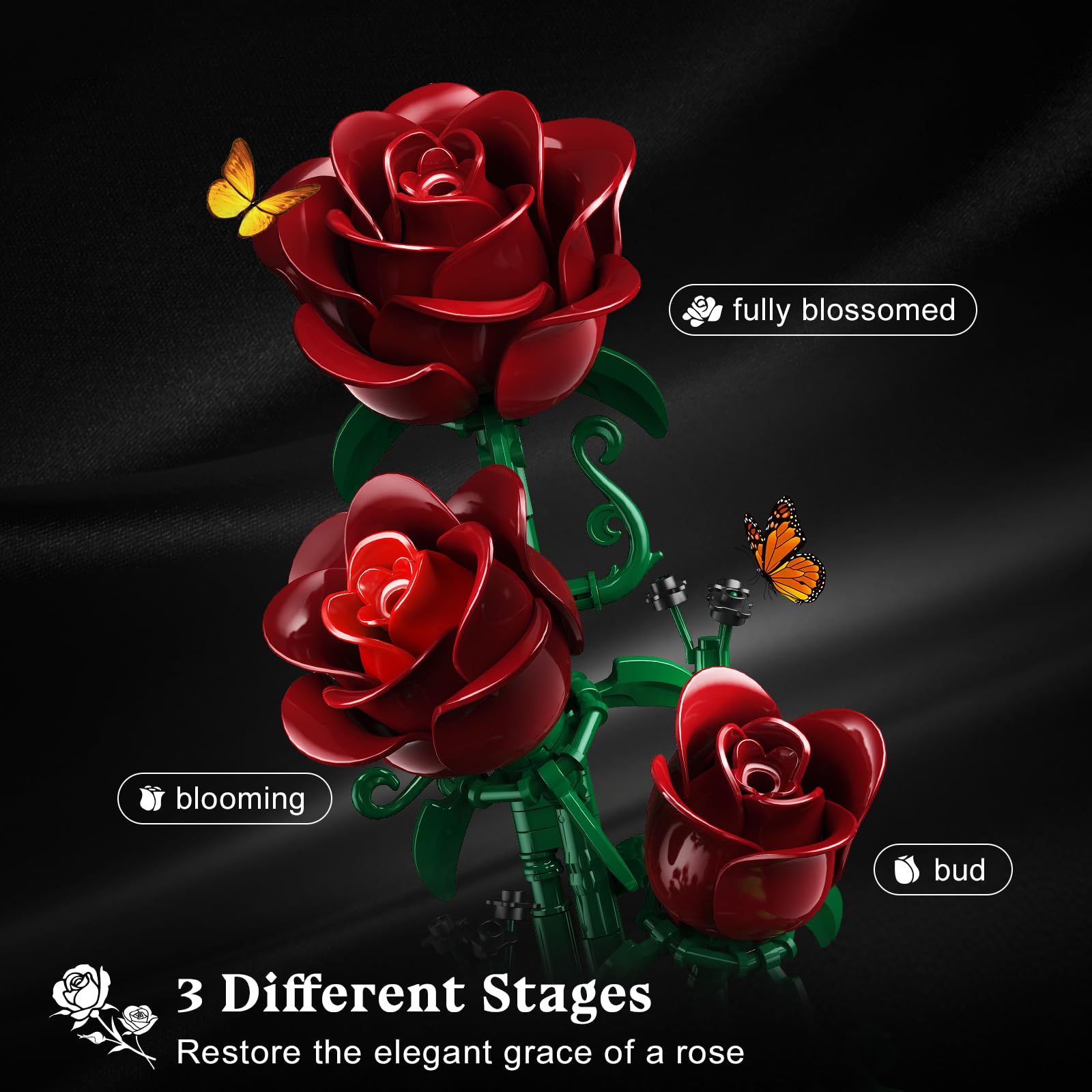 HiWEEGO Blumen Rosen Bausatz mit LED Licht, 241 Teile Burgunderrot Rosenstrauß, 3.6MM Blumenstrauß Baustein Spielzeug, Botanische Kollektion Valentinstagsgeschenk für Mädchen Erwachsene und Frauen 3