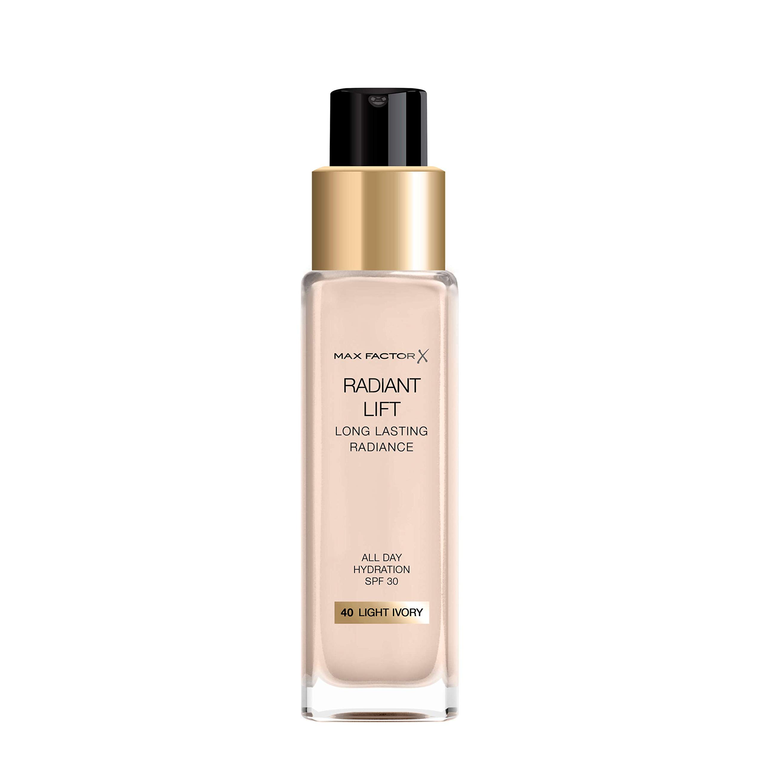 Max Factor Radiant Lift Liquid Pump Medium to Full Coverage Radiant Finish Foundation with SPF30 and Hyaluronic Acid, 040 Light Ivory, Light Skin Tone, 30ml