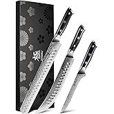 KYOKU Knife Set, Shogun Gin Series 3pc Japanese Style Kitchen Knife Set for Cooking, 7" Boning 12" Slicing 10" Scimitar Knife with Silver Ion Blade Sheath Gift Box, Damascus Stainless Steel Knives
