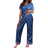 Ekouaer Satin Pajamas for Women Short Sleeve Silk Pajama Sets Soft Sleepwear Top with Causal Long Pj Pant