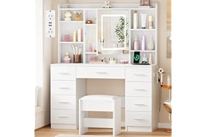 BEWISHOME Vanity Desk with Mirror and Lights, Makeup Vanity Table with Power Outlet,Stool Vanity Table with 9 Drawers 6 Storage Shelves Jewelry Storage,Dressing Table for Bedroom Girls White FST36W