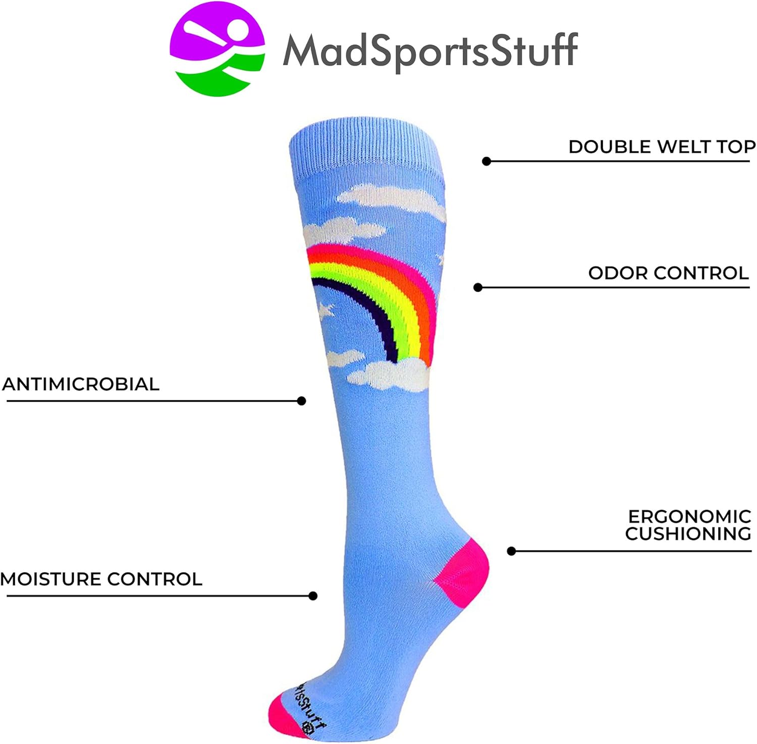 MadSportsStuff Neon Rainbow Clouds Over The Calf Athletic Socks : Clothing