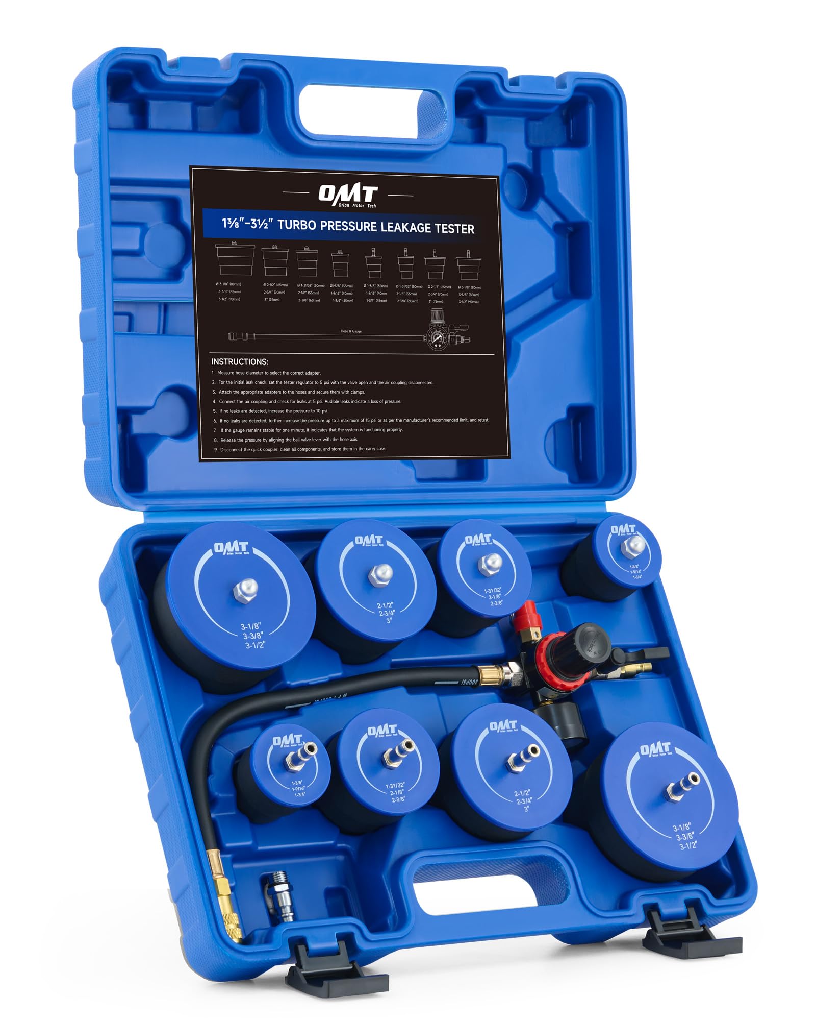 Photo 1 of ***UNKNOWN MISSING PIECES/DAMAGES/ UNTESTED*** Orion Motor Tech Turbo System Leakage Tester Kit, 10pc Turbo Boost Leak Tester Set with 4 Pairs of Stepped Adapters 1-3/8" to 3-1/2", Turbo Pressure Leakage Tester for Cooling Emissions Exhaust Pipes