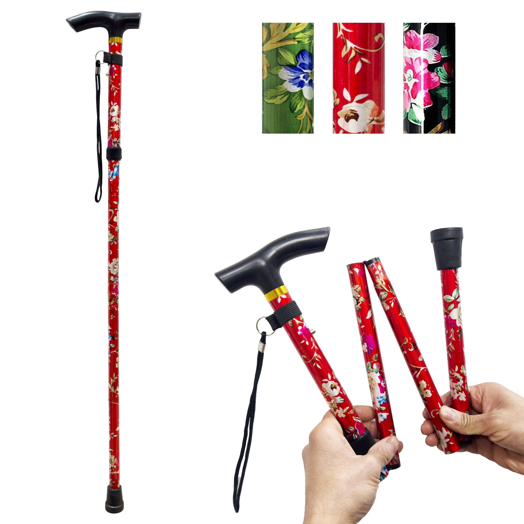 PLASTIFIC Walking Stick, Easy Adjustable Height Folding Extendable Walking Cane, Lightweight Flexible and Durable Walking Aid Mobility Aid Collapsible Walking Stick (Red Flower)