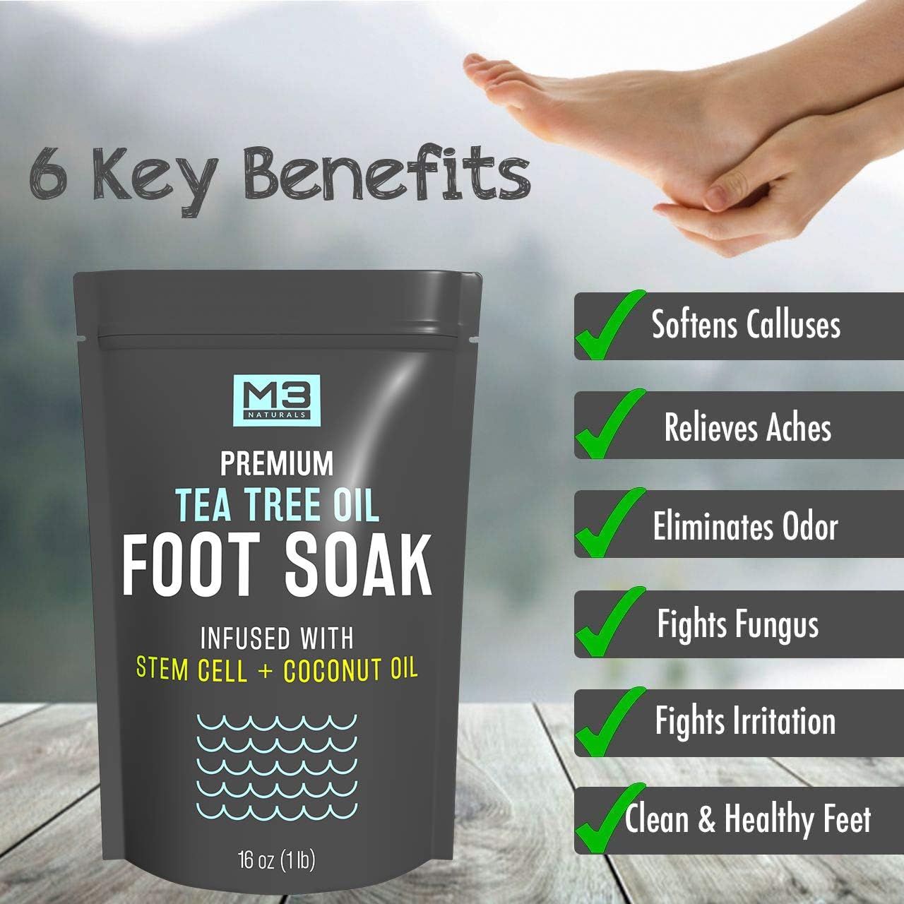 M3 Naturals Tea Tree Oil Foot Soak Infused with Stem Cell and Coconut Oil Epsom Salt for Athletes Foot Stubborn Odor Calluses Sore Feet Toenail Fungus Cracked Heel Bath Spa 16 oz: Health & Personal Care