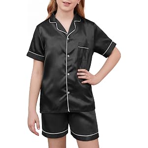IHU Girls Pajamas Silk Satin PJs Boys Button Down Short Sleeve Shorts Set | With Notch Collar, Chest Pocket and Elastic Waist
