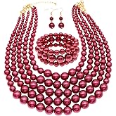 We We Faux Large Pearl Necklace for Women Five Multi Strand Pearls Necklace Bracelet Earrings set Big Pearl Bib Choker Necklaces 1920s Costume Jewelry Set (burgundy pearl necklace)