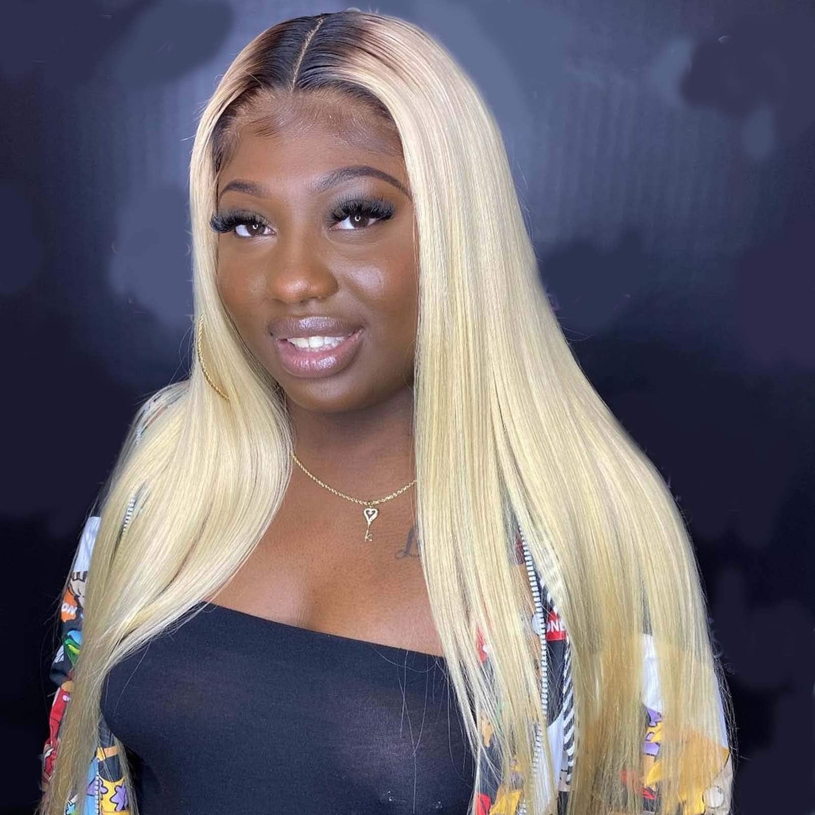Jun Ran Hair Straight #613 Blonde Human Hair Wigs With Dark Brown Root Brazilian Virgin Remy Ombre Color #4/613 Lace Front Wigs Free Part 130% Density 16inch