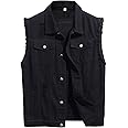 LONGBIDA Men's Denim Vest Sleeveless Ripped Slim fit Distressed Jean Jacket