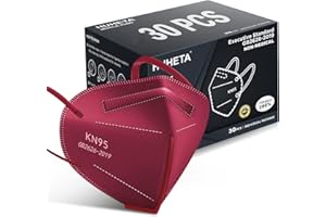HUHETA KN95 Face Mask, 30 Pack Individually Wrapped, 5-Ply Breathable & Comfortable Safety Mask, Filter Efficiency=95%, Protective Cup Dust Masks Against PM2.5 (Red)