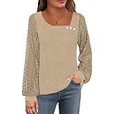 Womens Lace Sleeve Tops Fall Shirts Casual Loose Square Neck Button Blouses