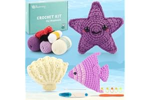 Faircosy Crochet Kit for Beginners Crocheting: 3 Pcs Crochet Start Kit with Step-by-Step Video Tutorials - Learn to Crochet Kits for Adults and Kids - Shells Starfish Fish