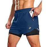 Pudolla Men's 2 in 1 Workout Running Shorts 5" with Zipper Phone Pockets Quick Dry Gym Athletic Shorts with Compression Liner
