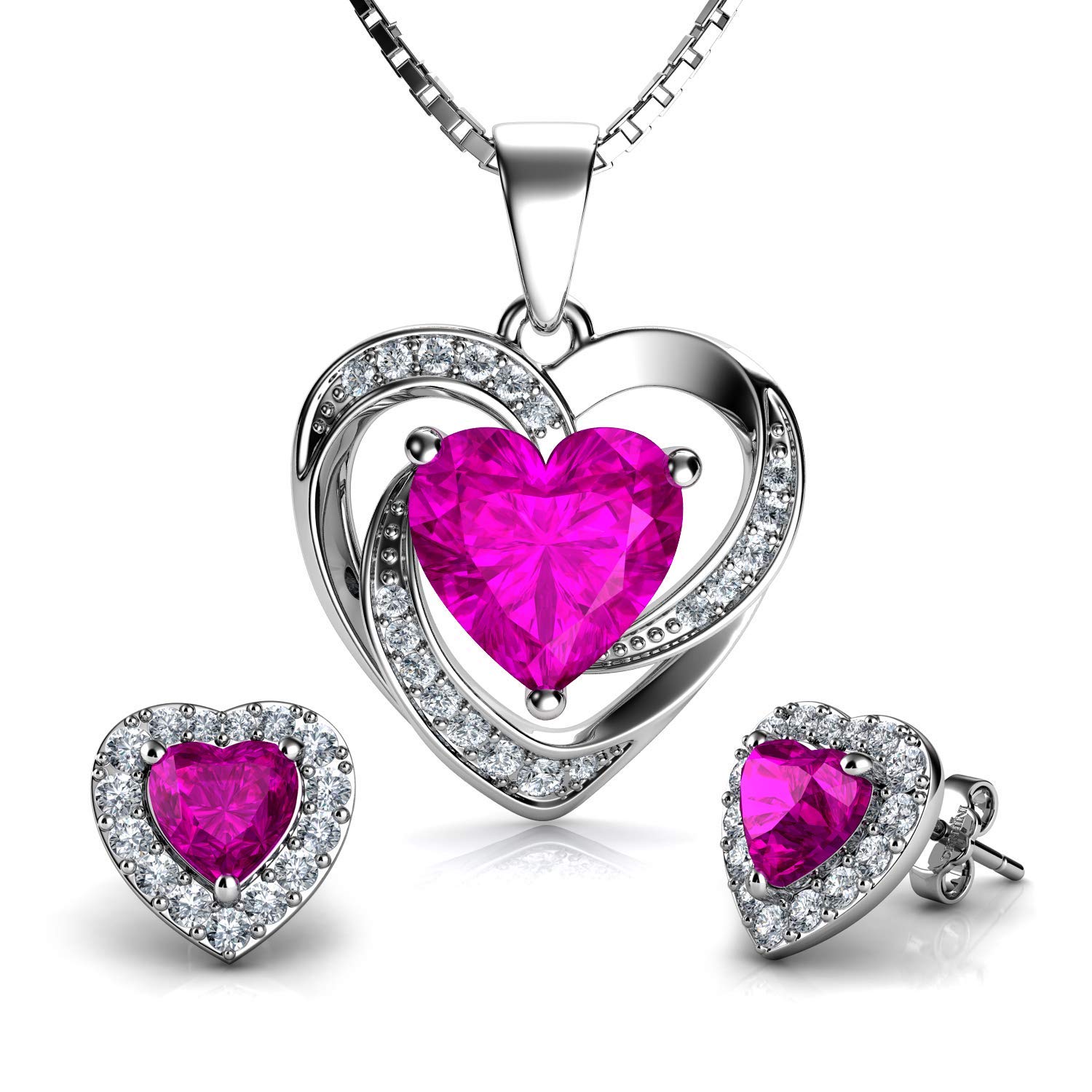 DEPHINI - Jewellery Set Heart Necklaces with stud Earrings - 925 sterling silver Double Hearts Pendant for Women - Cubic Zirconia - Rhodium Plated (Big Pearl set)
