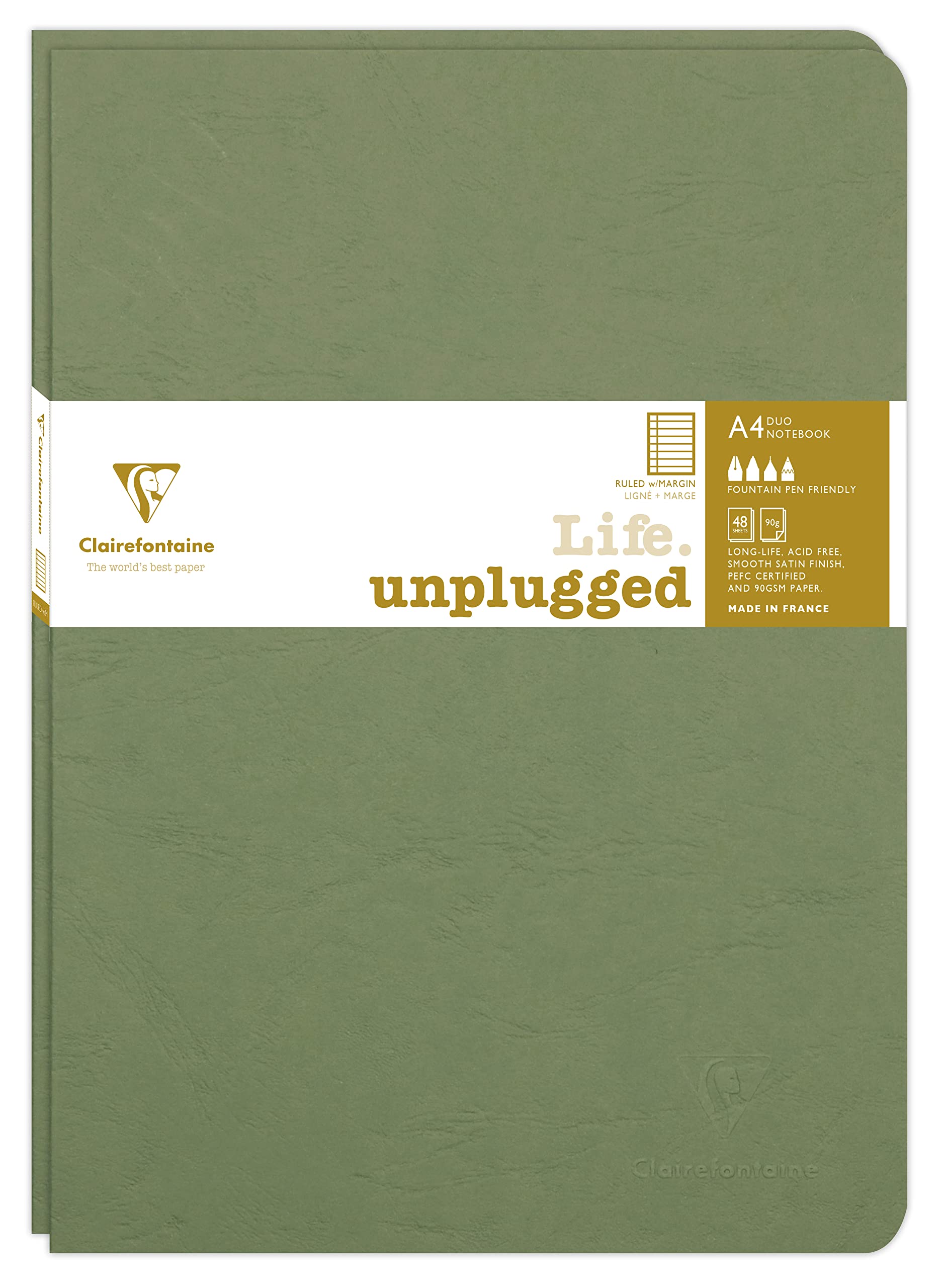 Clairefontaine 733073C Age Bag Collection Set of 2 Green Duo Stapled Notebooks - A4 21x29.7cm - 96 Margined Lined Pages - 90g White Paper - Leather Grain Cover
