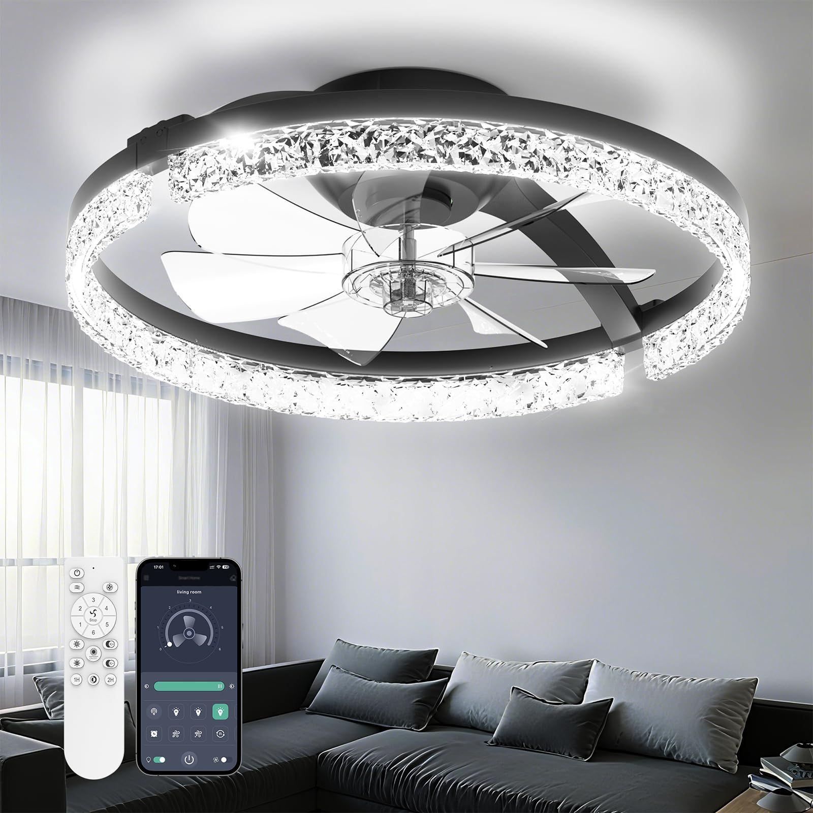 Photo 1 of Aphyni Ceiling Fans with Lights and Remote Low Profile Flush Mount LED Ceiling Fan with Lights 3000K-6500K Dimmable Foldable Fandelier Light 6 Wind Speeds Night Light for Bedroom Living Room Black