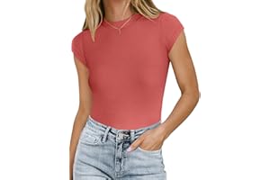 MISSJOY Women Crew Neck Short Sleeve Ribbed Stretchy Casual Slim Fit Bodysuit T Shirts Tops