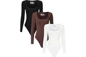 Chongbaijia 3 Piece Women's Square Neck Long Sleeve Bodysuit T shirts Body Suit Tops