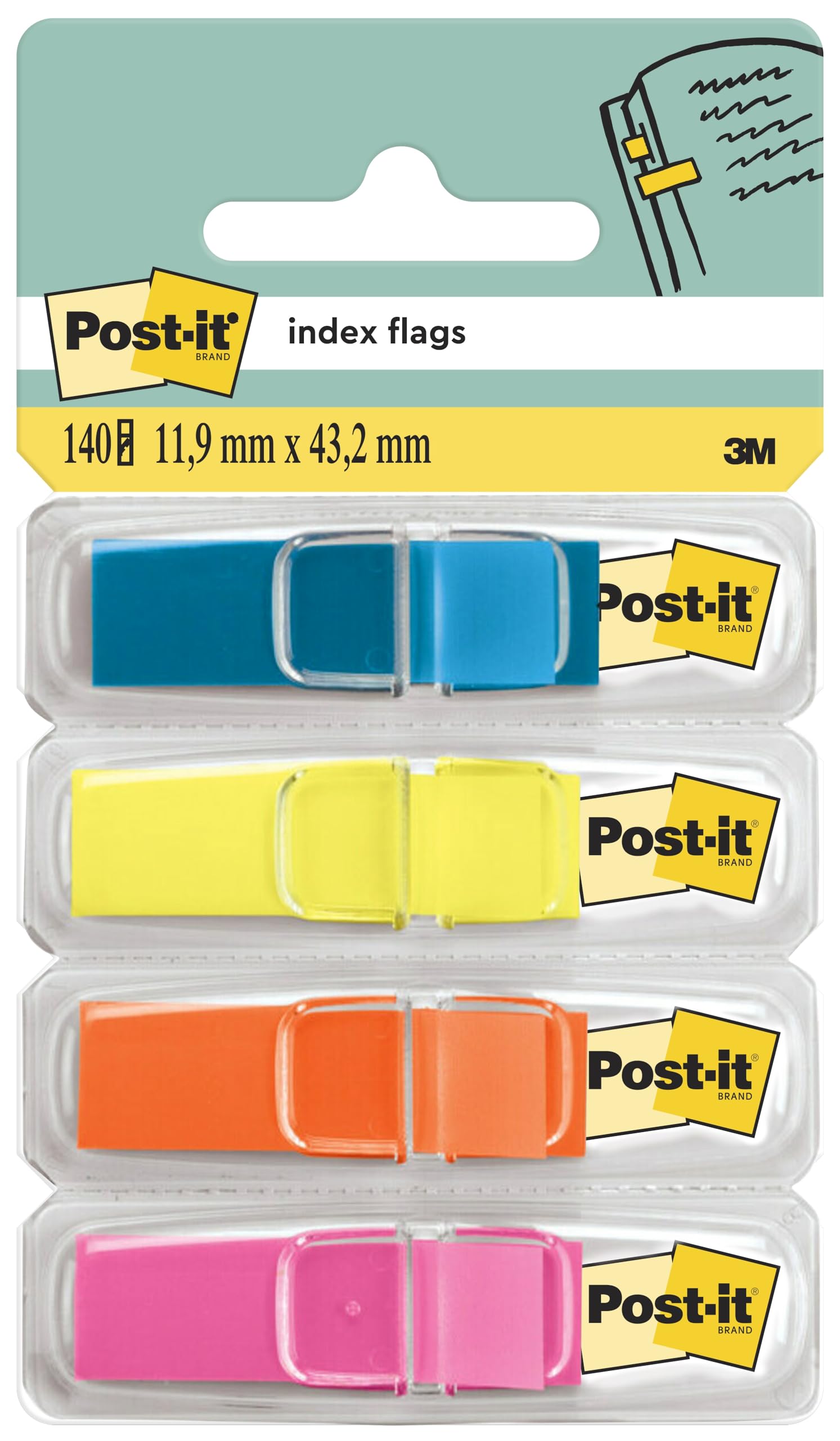 Post-it Index Flags, Small, 4 Dispensers, 11.9 mm x 43.2 mm, 140 Flags - to Mark, Highlight or Color Code Important Information