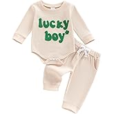 Eurvoku Newborn Infant Baby Boy St Patricks Day Outfit Lucky Boy Embroidery Waffle Knit Long Sleeve Romper Top Pants Set