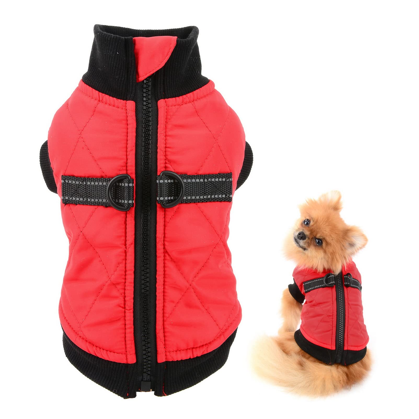 SMALLLEE_LUCKY_STORE Pet Water Resistance Zip-up Jacket Vest Coat with D-rings for Small Dogs Cats, Fleece Lined Puppy Chihuahua Yorkie Warm Winter Clothes, Red, S