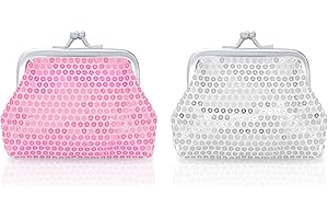 WisePoint Coin Purse 2 Packs, Nylon Coin Purses for Women and Girls, Sequin Coin Wallet Mini Purse with Kiss Lock Closure (pink+silver)