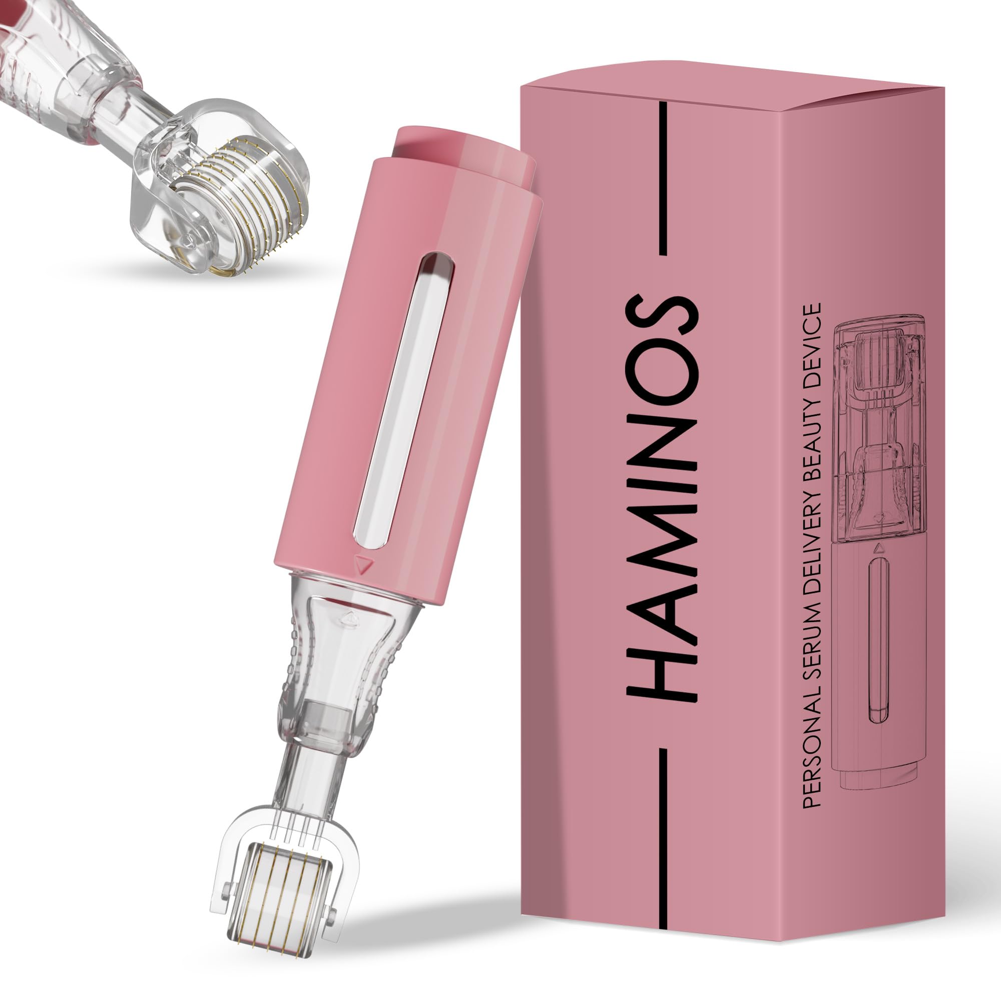 HAMINOS Derma roller 0.25 mm with Reservoir for Lips, Skin, Hair, Wrinkles, Stretch Marks, Hyperpigmentation INSTANT SERUM APPLICATION, 105 Titanium Needles