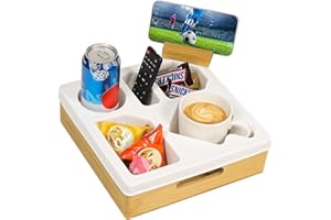 Kssiaz Couch Cup Holder Tray, Sofa Cup Holder with Rotatable Phone Holder, Couch Caddy for Bed Sofa Organizer, Waterproof Anti-Spill Cup Holder for Snacks Beverage Remote, White