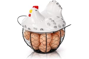 AVLA Chicken Egg Basket, Black Wire Egg Collection Baskes with Ceramic Lid for Gathering Fresh Eggs, Chicken Egg Holder, Deco