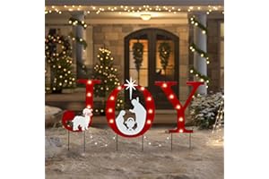 VCUTEKA Christmas Yard Sign Decorations Outdoor with LED Lights Christmas Red JOY Yard Signs with Metal Stakes for Xmas Holiday Party Lawn Sign Garden Decor Xmas Outdoor Yard Signs