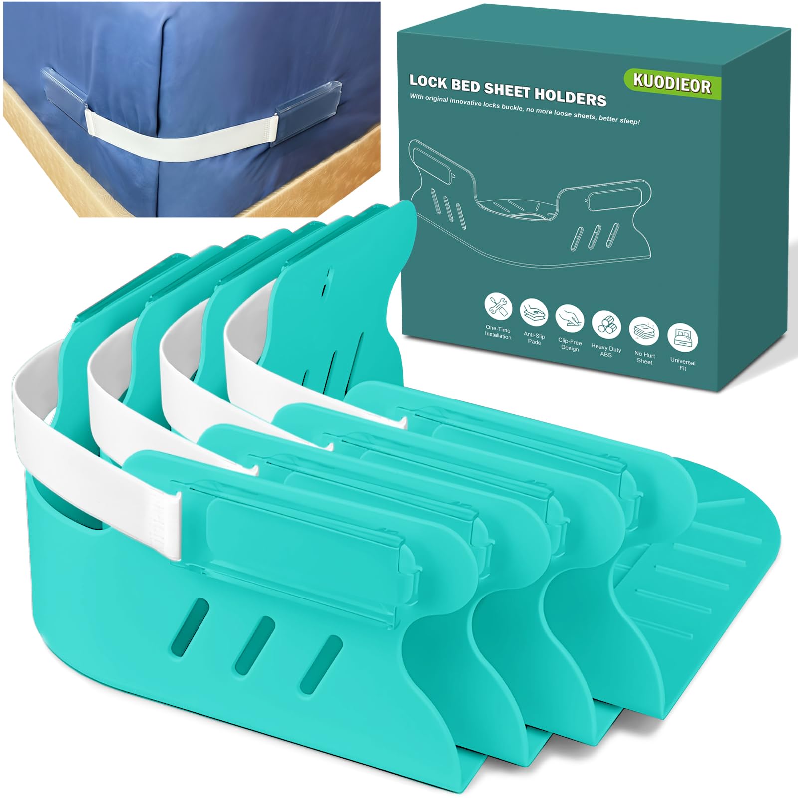 Bed Sheet Holders for Corners, 4Pcs Heavy Duty Fitted Sheet Holder with Lock Fastener Straps &Anti-Slip Pads Keep Sheets Firm&Tight, No More Loose Sheets, Easy Installation for Any Mattress (Green)