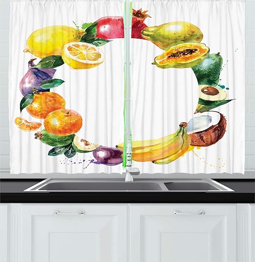 Fruit Kitchen Curtains by Ambesonne, Nature Food with Banana Lemon