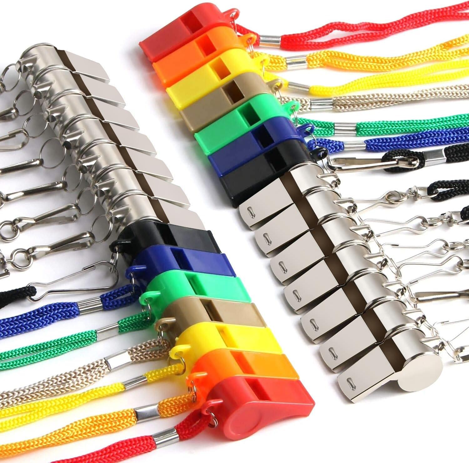 SANNIX 28 Pack Coach Whistles with Lanyard Plastic and Stainless Steel Whistles Bulk for Basketball Football Gyms Emergency