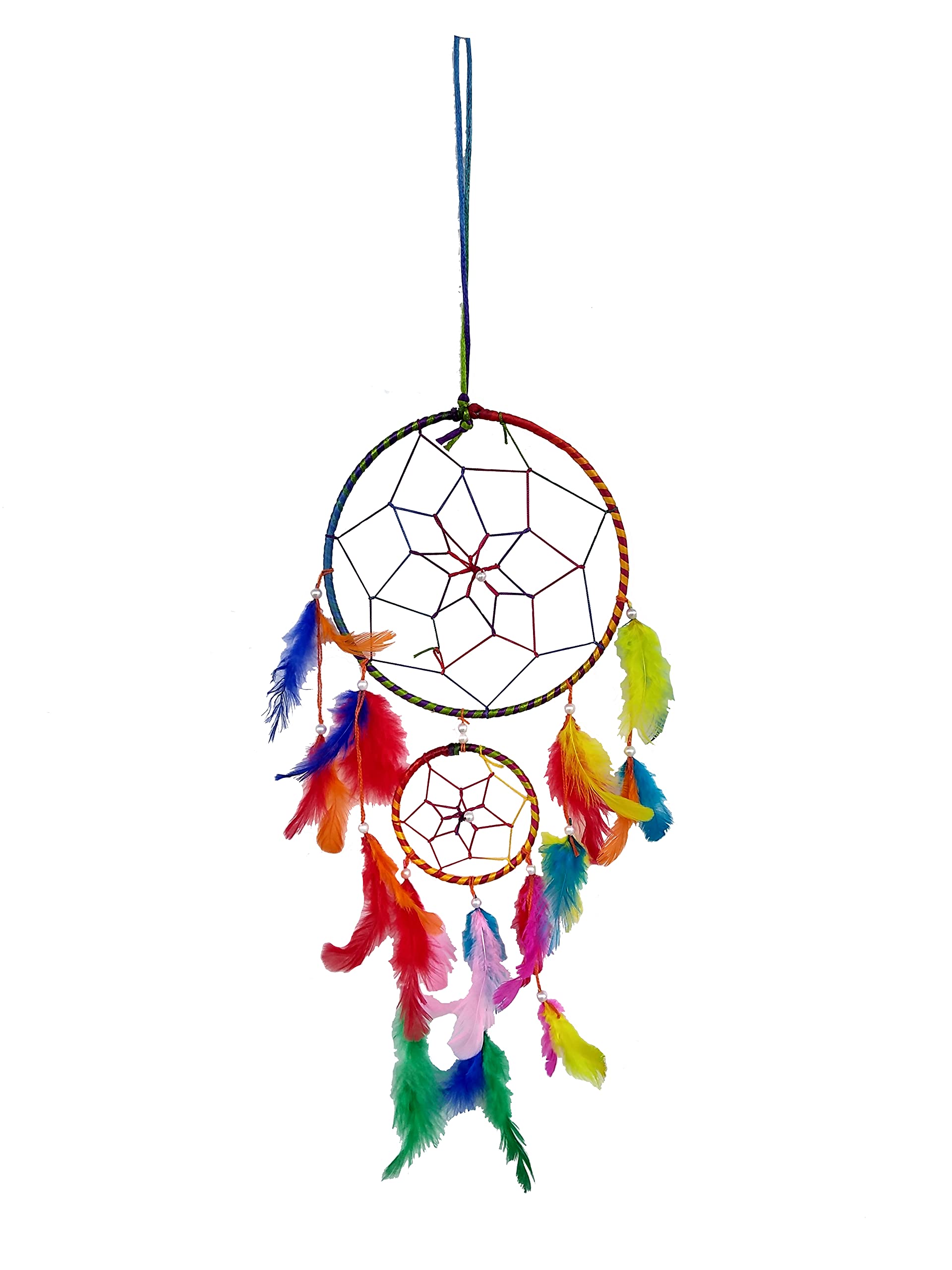Rastogi Handicrafts Dream Catchers Wall Decor, Handmade Bedroom Nursery Room Hanging Decoration Home Car Decor Feather (Multicolor Two Ring)