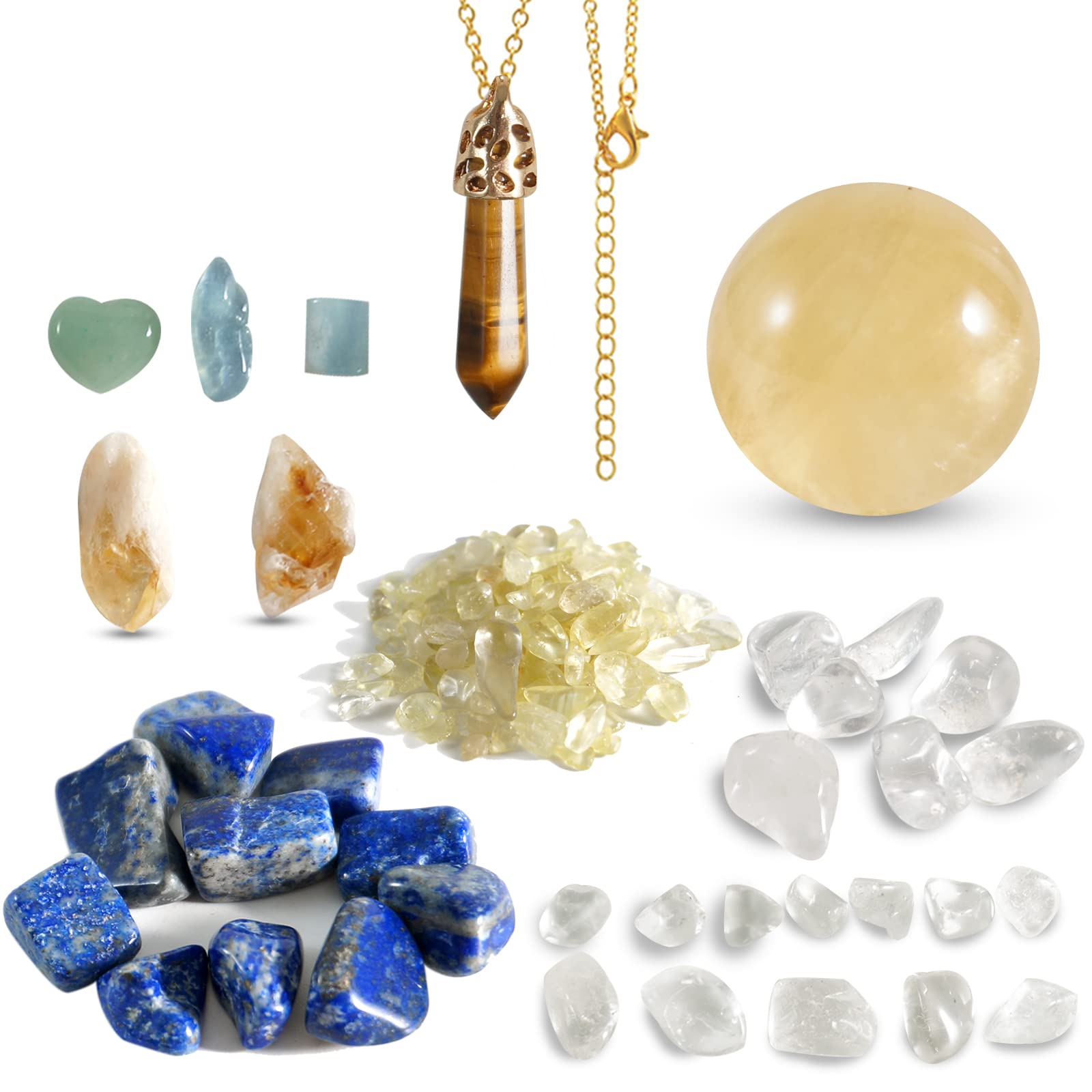 12Pcs Healing Crystal Set of White Crystal Raw Stone Tiger Eye Crystal Pendulum Citrine Crystal Ball Love Pocekt Stone for Reiki Chakra Energy Meditation Spirit Decoration