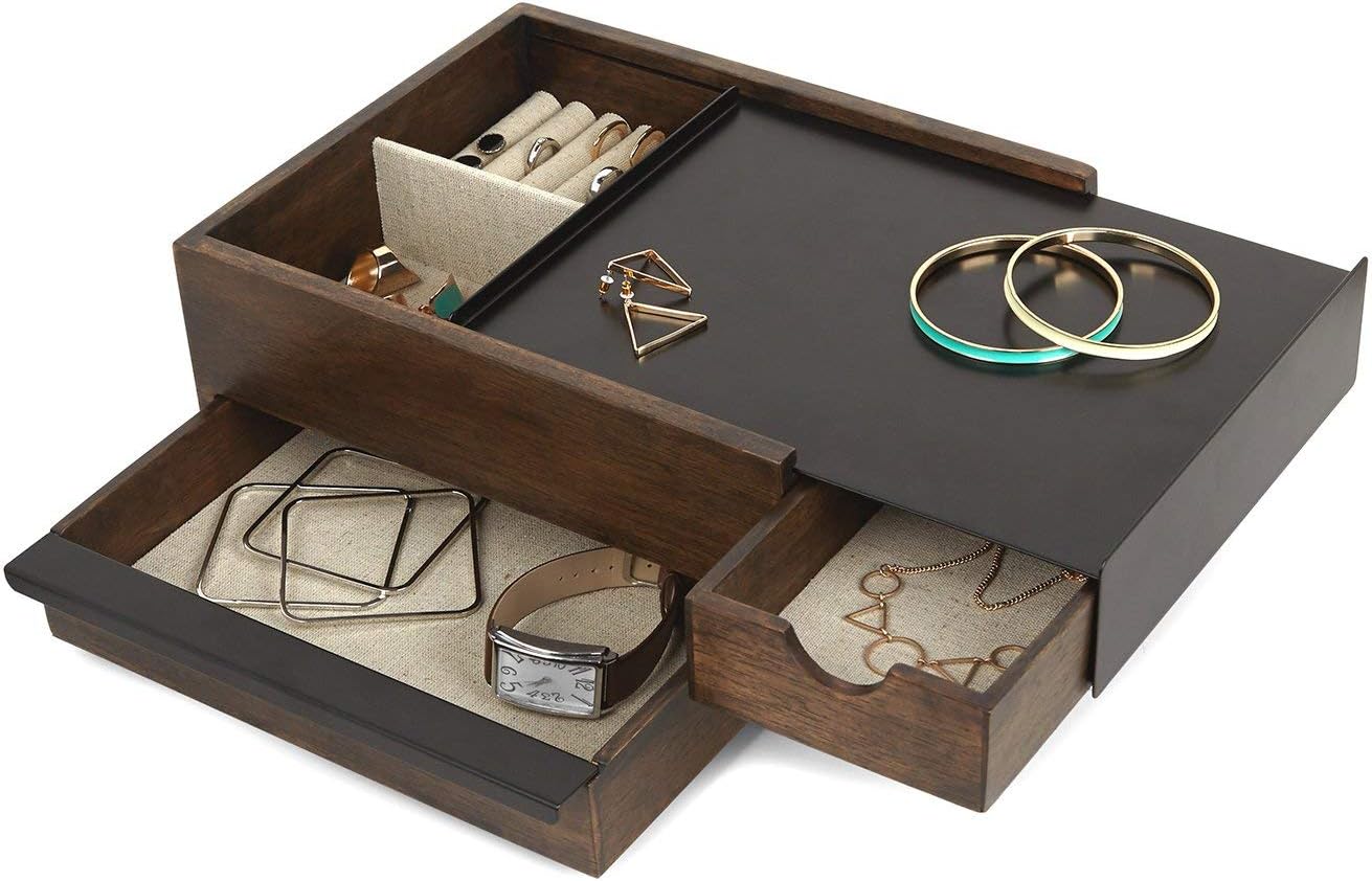 Umbra Jewelry Box - Modern Keepsake Storage Organizer with Hidden Compartment Drawers for Ring, Bracelet, Watch, Necklace, Earrings, and Accessories, Stowit, Black/Walnut: Home & Kitchen