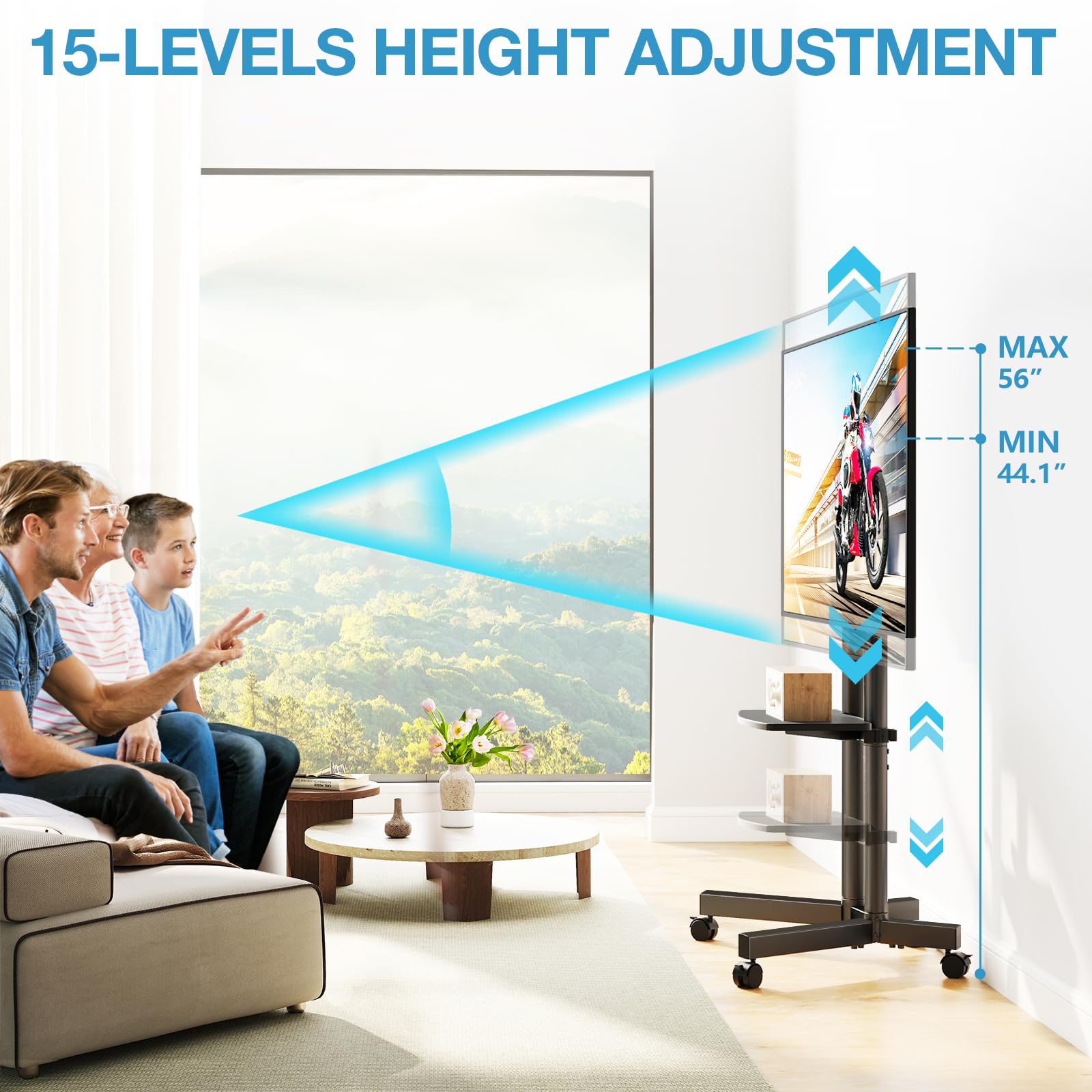 YOMT Portable Rolling TV Stand for 32-75 inch TVs, Height Adjustable Mobile TV Cart with Locking Casters, Heavy Duty Universal TV Stand On Wheels with Removable Shelf for Living Room, Bedroom, Office