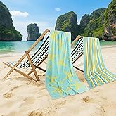 CASA COPENHAGEN Miami Bath Towels Designed in Denmark Rough and Tough, Quick Dry, for Pool, Bath & Shower 30"x60", 2 Pieces Cotton Beach Towels Set - Star Fish Teal + Yellow Stripe