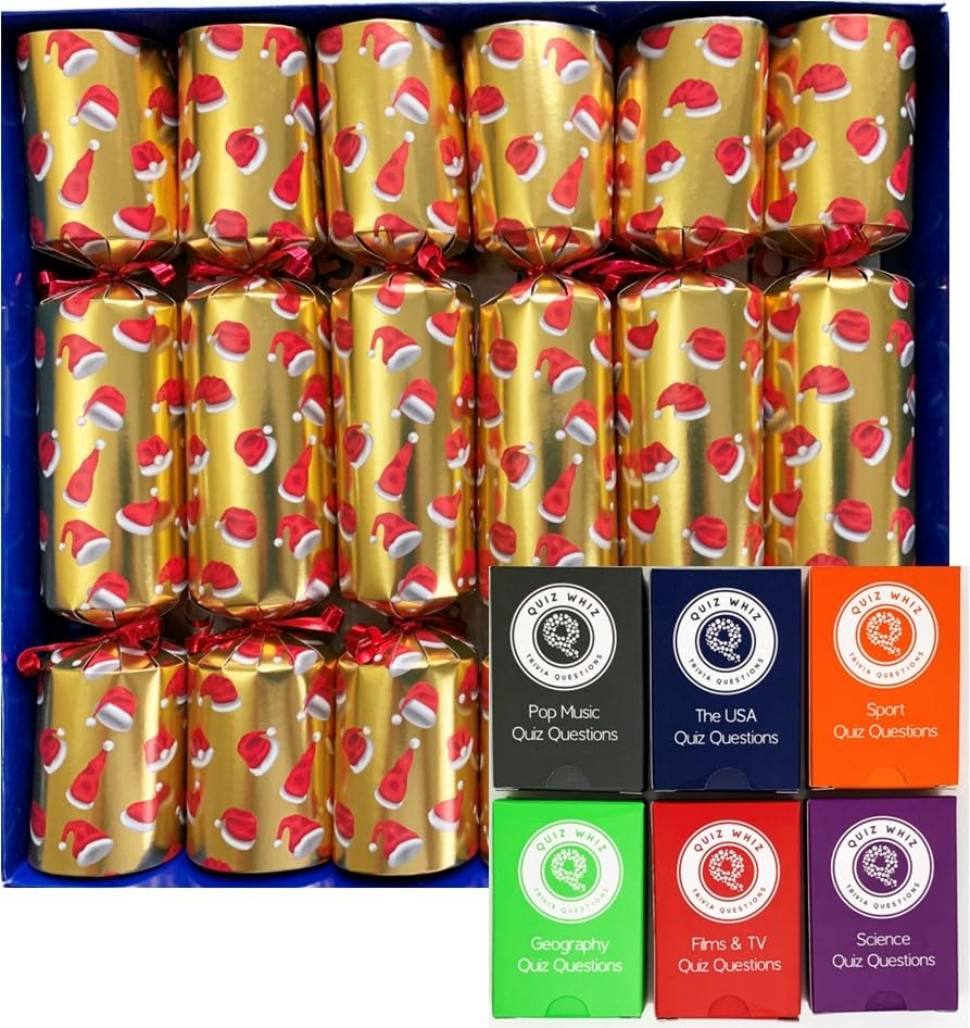 Crackers Ltd Set of 6 Christmas Hat design Christmas Crackers in Gold with Trivia Quizzes