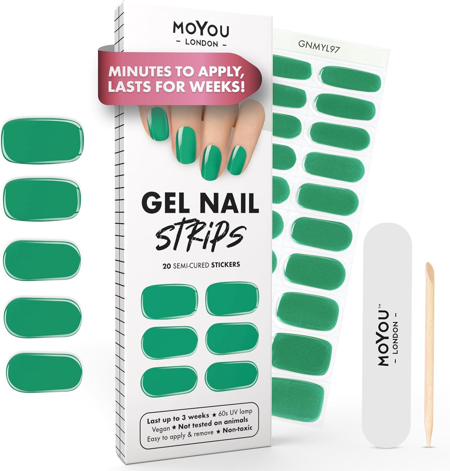 MOYOU LONDON Semi Cured Gel Nail Strips - 20 Pcs. Waterproof Gel Nail Wraps, Cures in Sunlight or UV/LED Lamp, Lasts Up to 2+ Weeks, Stretchable, Easy to Apply & Remove, Vegan & Cruelty-Free