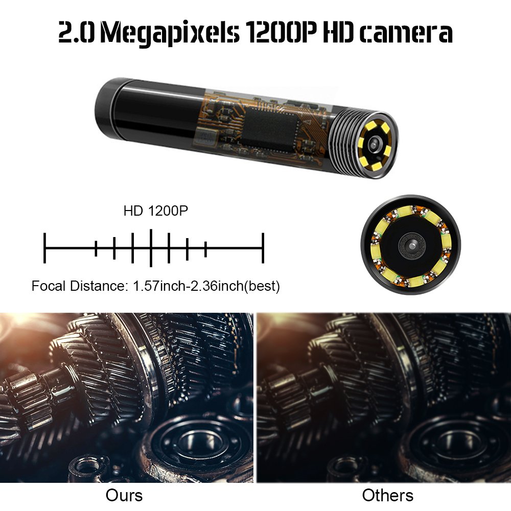 10M dInspection Etanche Cam/&eacute;ra 2.0 M/&eacute;gapixels 1200P HD C/&acirc;ble Semi Rigide Snake Boroscope avec 8 LED Adjustable Compatible Android IOS iPhone Smartphone Yakuin USB Endoscope