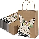 JarThenaAMCS 24Pcs Easter Bunny Kraft Paper Bags with Handles Bowtie Rabbit Treat Bags Rustic Candy Goodie Bags for Spring Birthday Party Favors Supplies