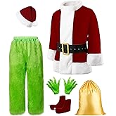 Make you perfect Christmas Green Costume Adult -8-Piece Set, Funny Santa Costume For Men,Deluxe Plush Santa Outfit