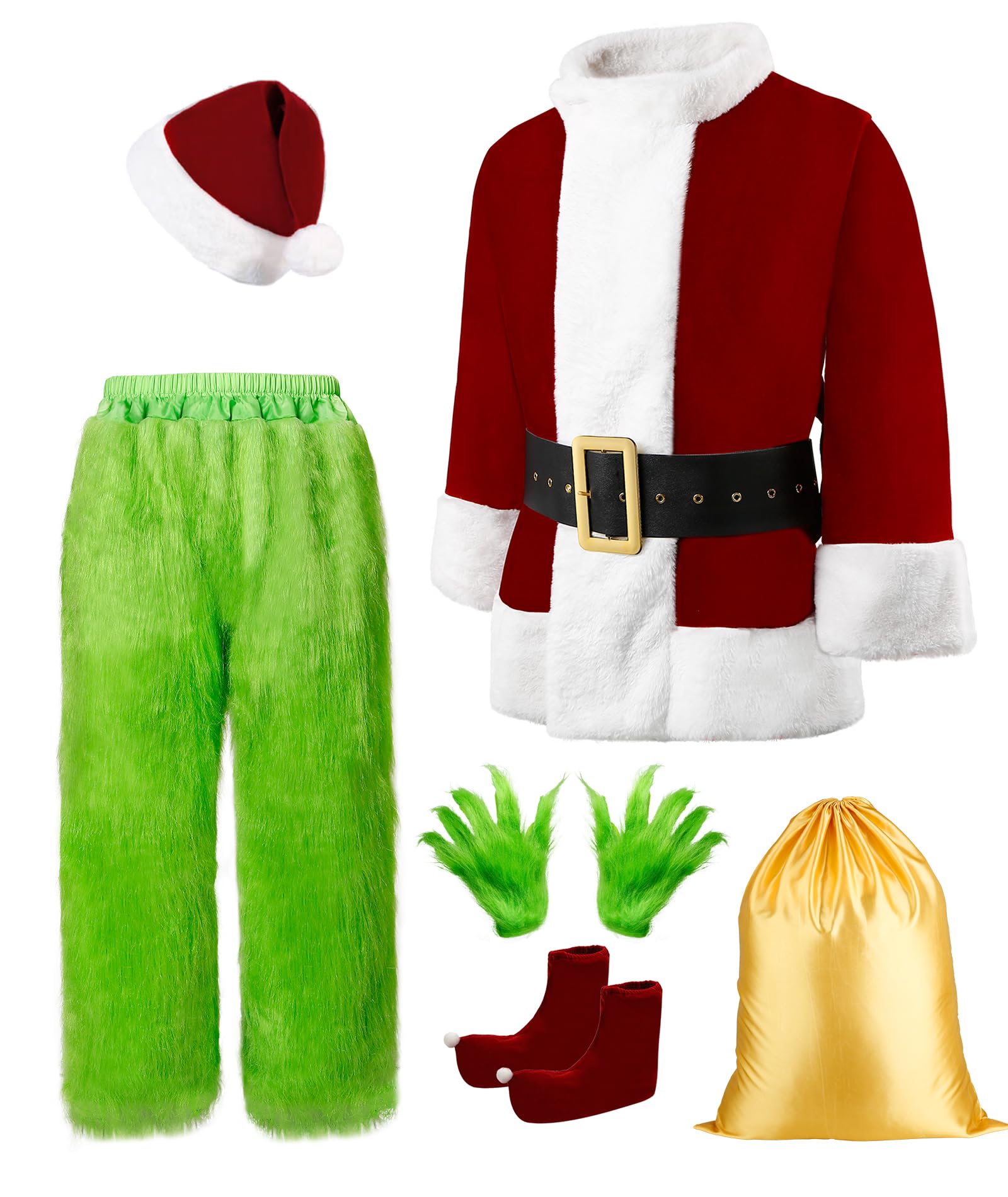 Photo 1 of Make you perfect Mens Green Santa Suit- 8pc,Funny Santa Costume With Mask,Plush Santa Outfit For Halloween & Christmas (Green, X-Large)